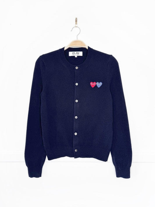 play commes des garcons 100% wool double heart knit cardigan sweater - good market thrift store