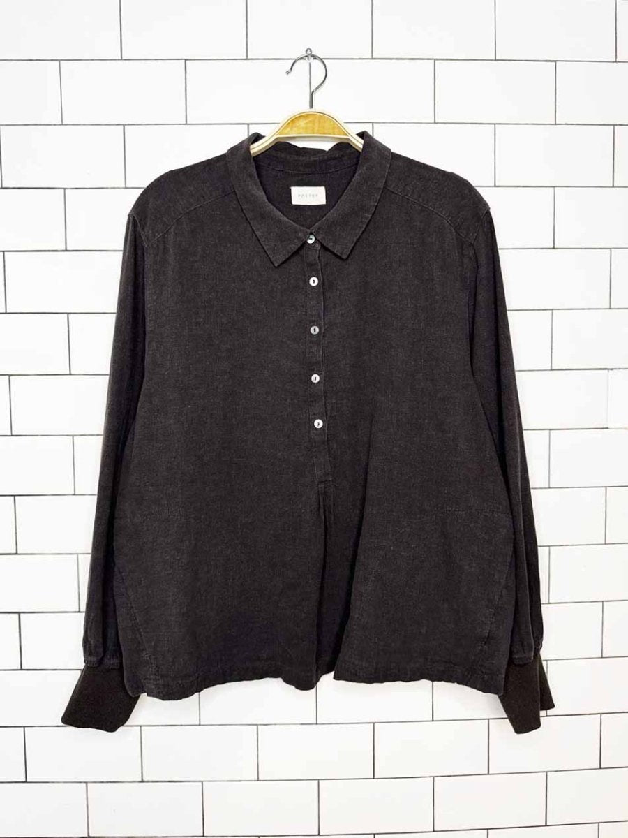 poetry linen-blend 1/2 button pullover shirt - good market thrift store