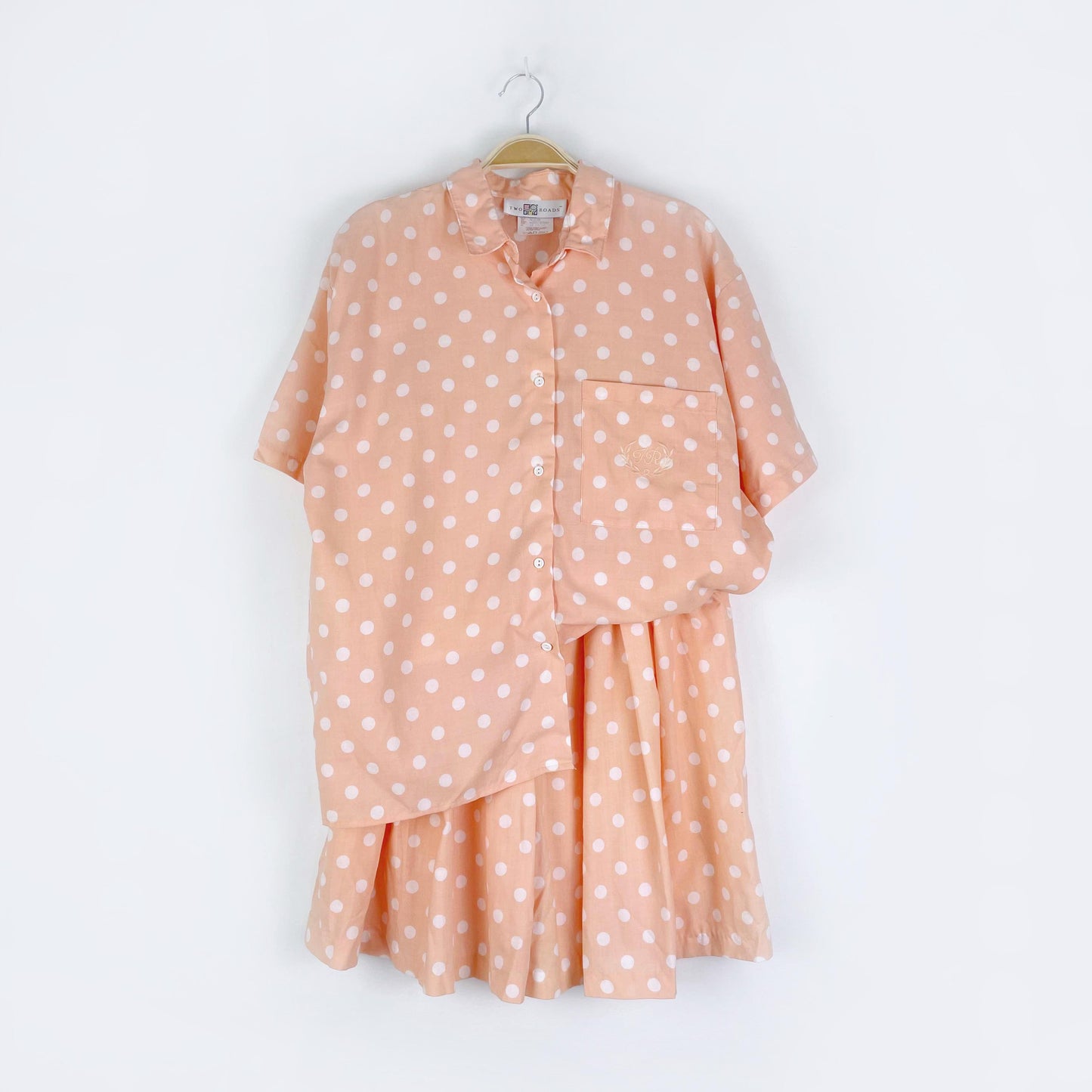 vintage two roads peach polka dot shirt + shorts set