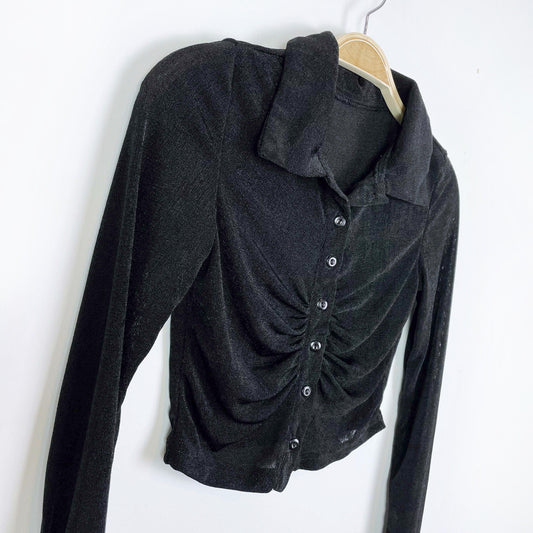 black slinky semi-sheer ruched crop long sleeve polo - size xs