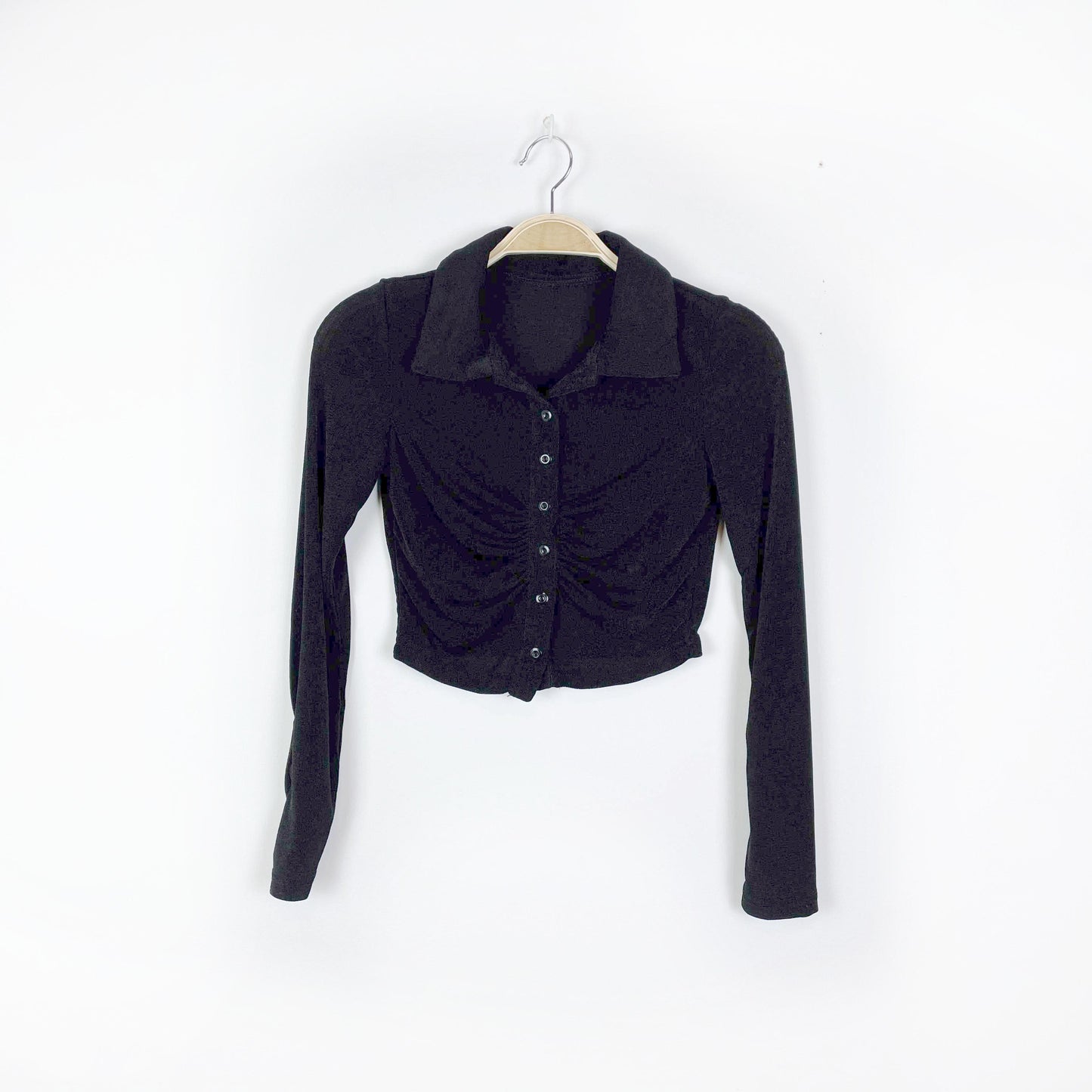 black slinky semi-sheer ruched crop long sleeve polo - size xs