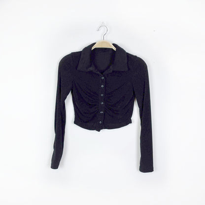 black slinky semi-sheer ruched crop long sleeve polo - size xs