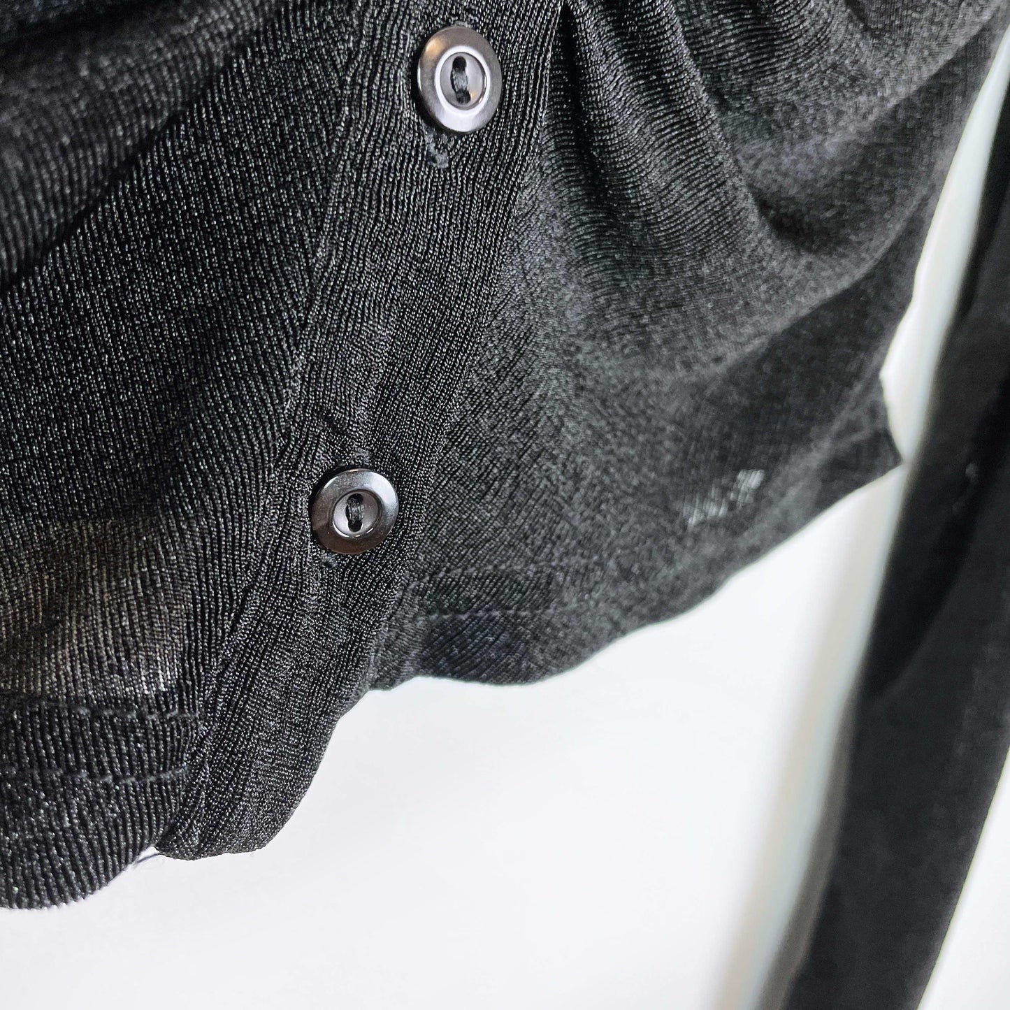 black slinky semi-sheer ruched crop long sleeve polo - size xs