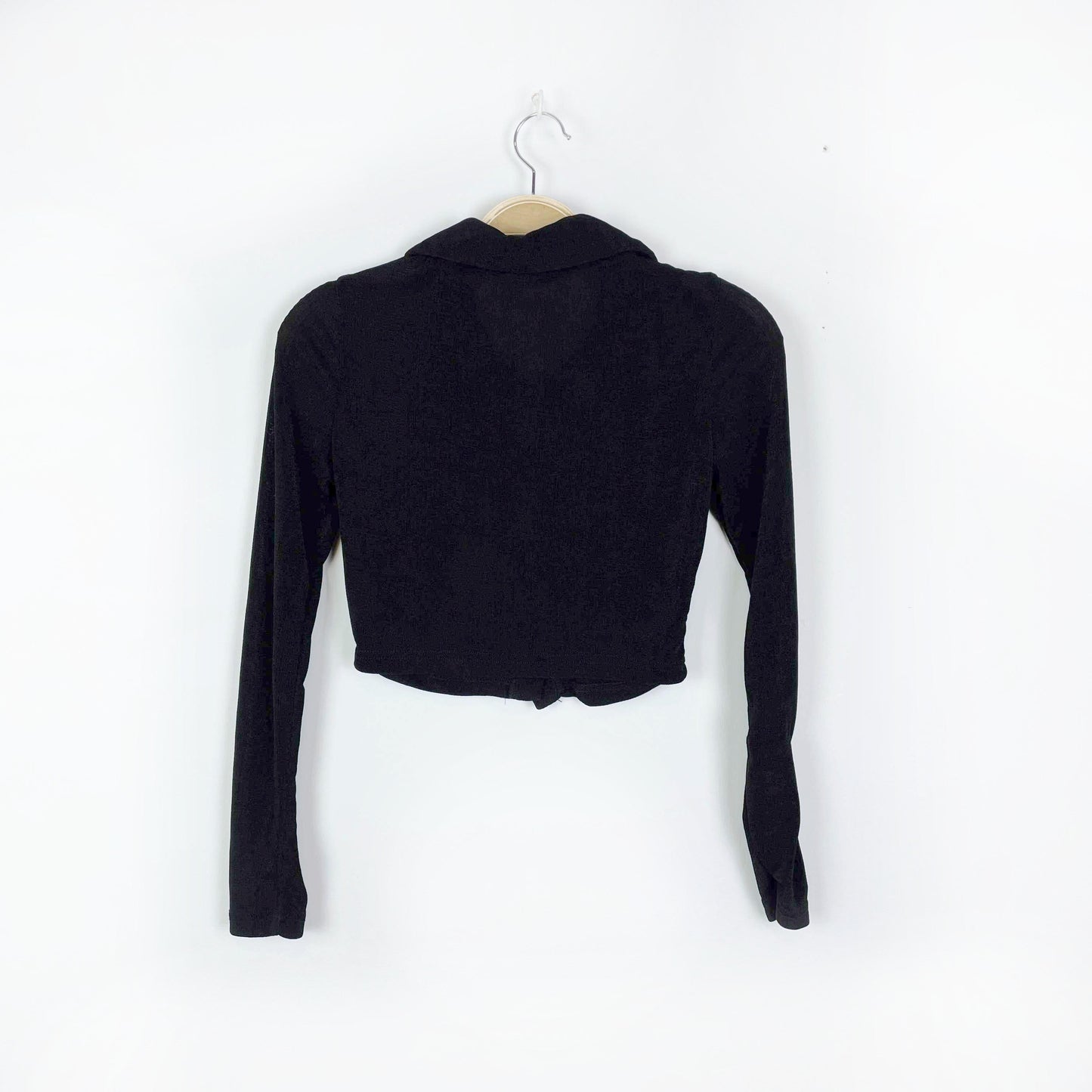 black slinky semi-sheer ruched crop long sleeve polo - size xs