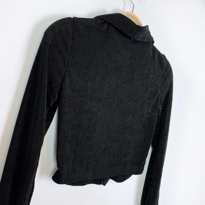 black slinky semi-sheer ruched crop long sleeve polo - size xs