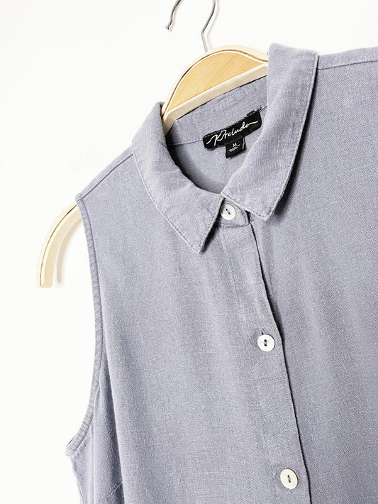 prelude linen-blend sleeveless full button midi shirt dress - good market thrift store