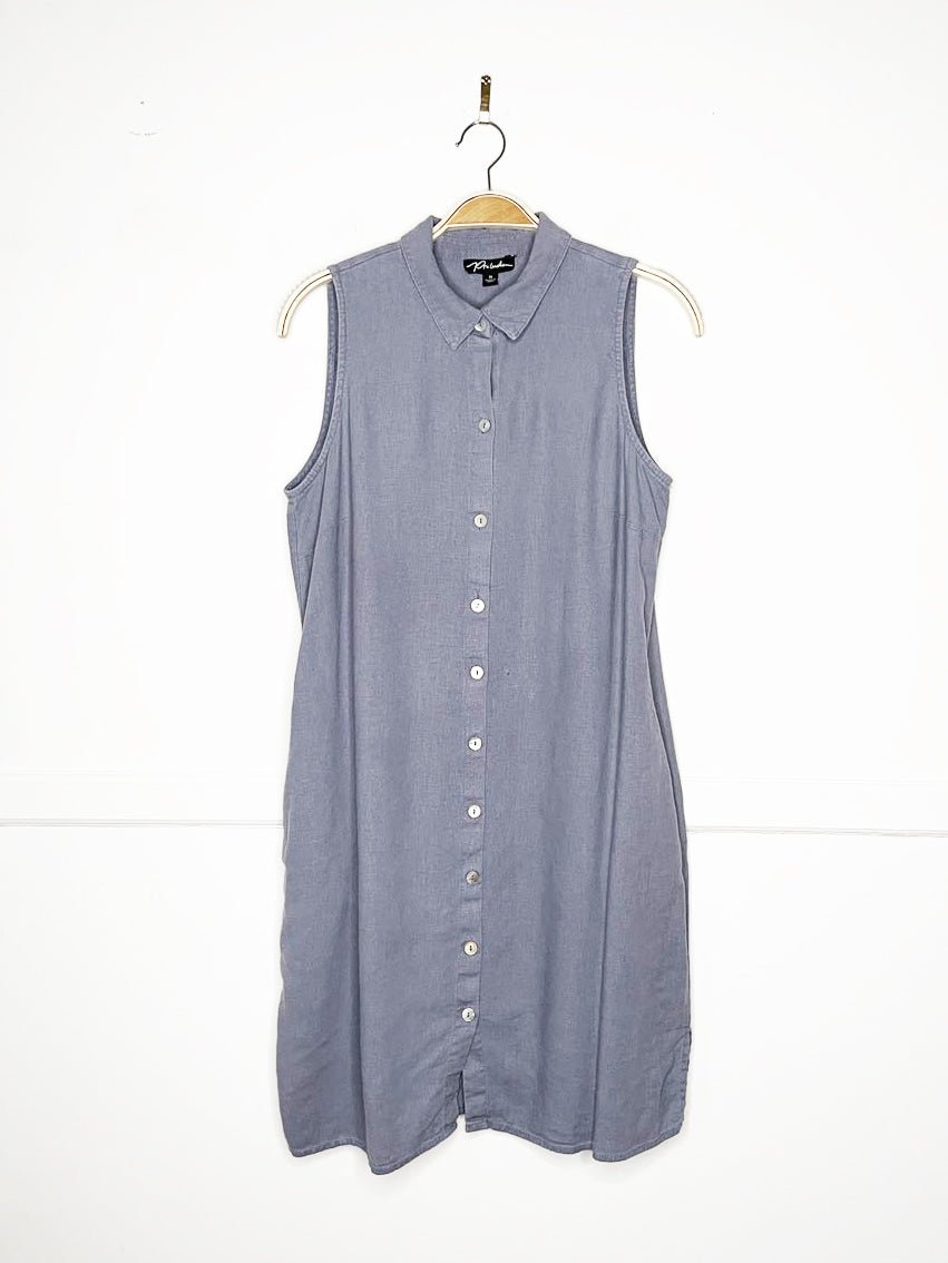 prelude linen-blend sleeveless full button midi shirt dress - good market thrift store
