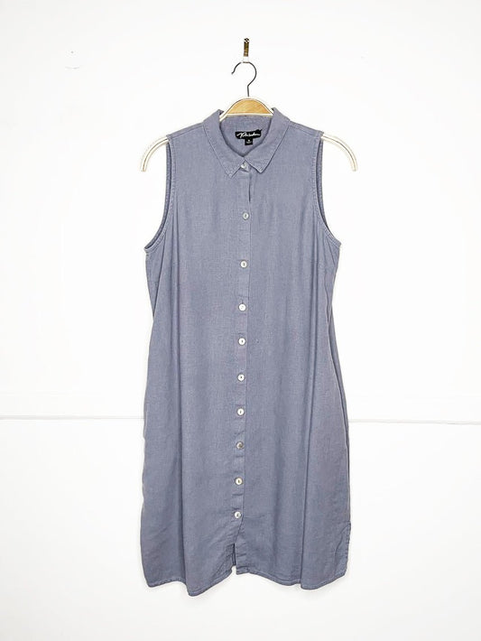 prelude linen-blend sleeveless full button midi shirt dress - good market thrift store