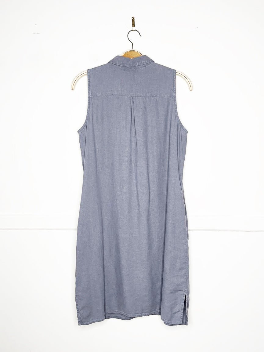 prelude linen-blend sleeveless full button midi shirt dress - good market thrift store