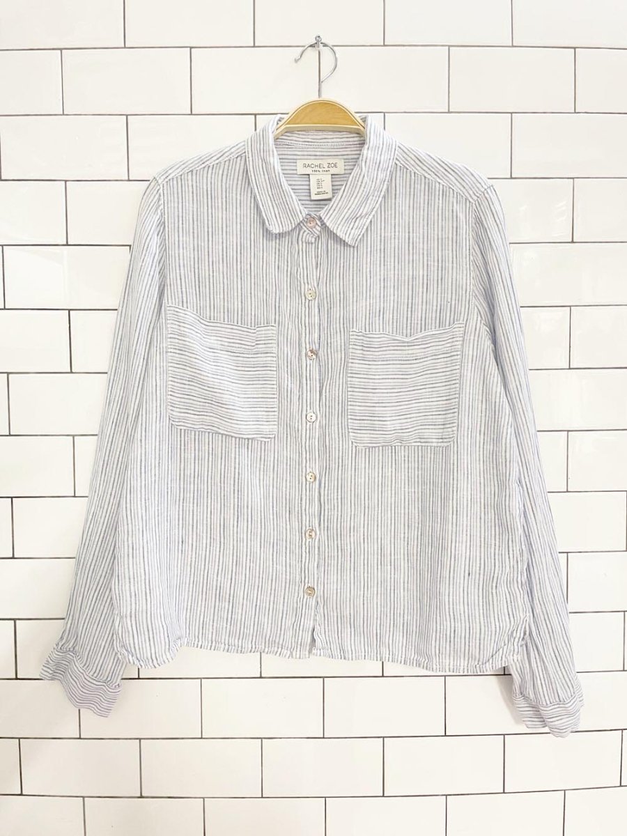 rachel zoe 100% linen blue stripe boxy full button shirt - good market thrift store
