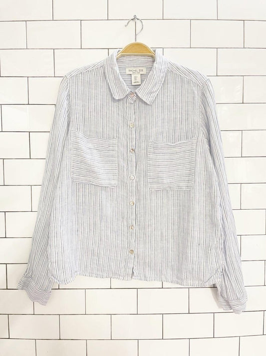 rachel zoe 100% linen blue stripe boxy full button shirt - good market thrift store