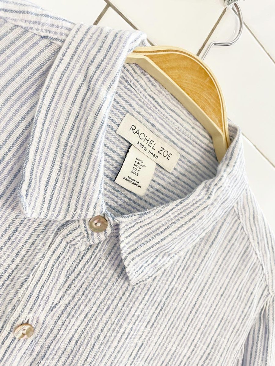 rachel zoe 100% linen blue stripe boxy full button shirt - good market thrift store