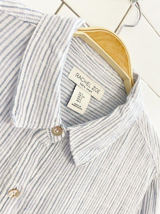 rachel zoe 100% linen blue stripe boxy full button shirt - good market thrift store