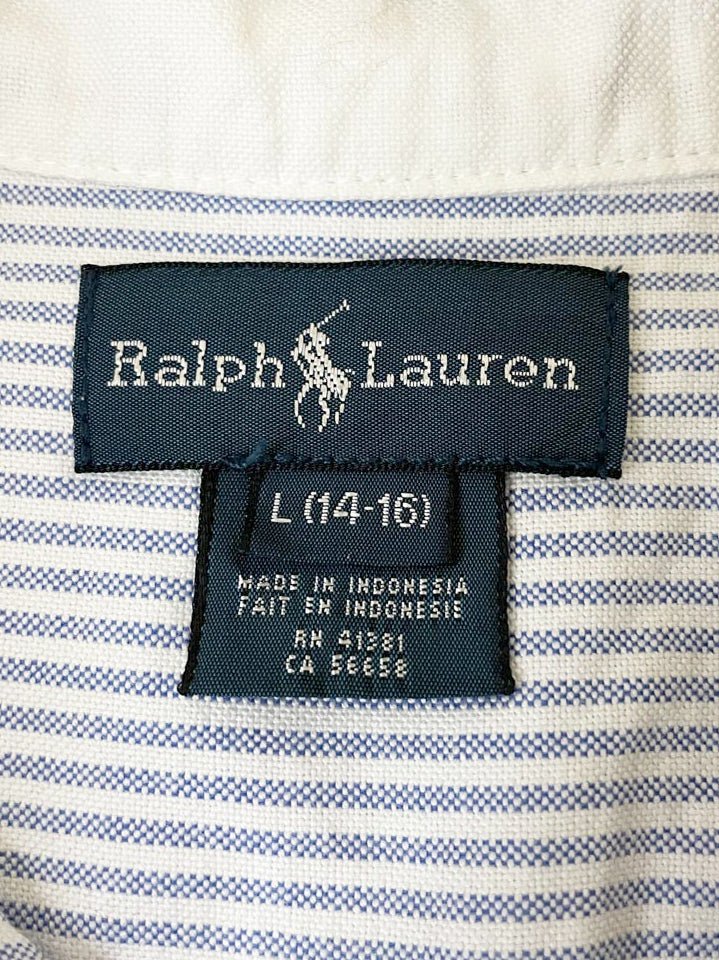 ralph lauren 100% cotton contrast collar blue stripe full button shirt - good market thrift store