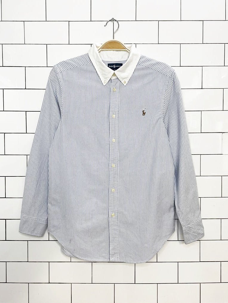 ralph lauren 100% cotton contrast collar blue stripe full button shirt - good market thrift store