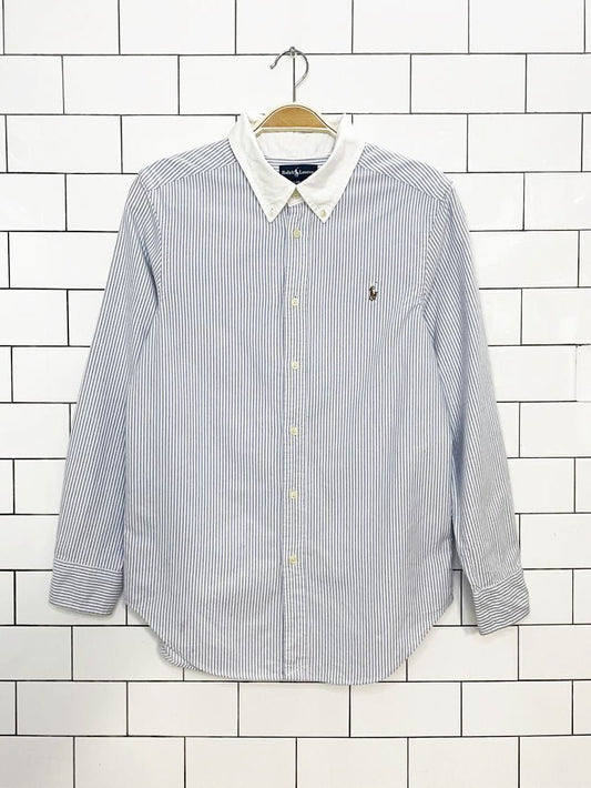ralph lauren 100% cotton contrast collar blue stripe full button shirt - good market thrift store