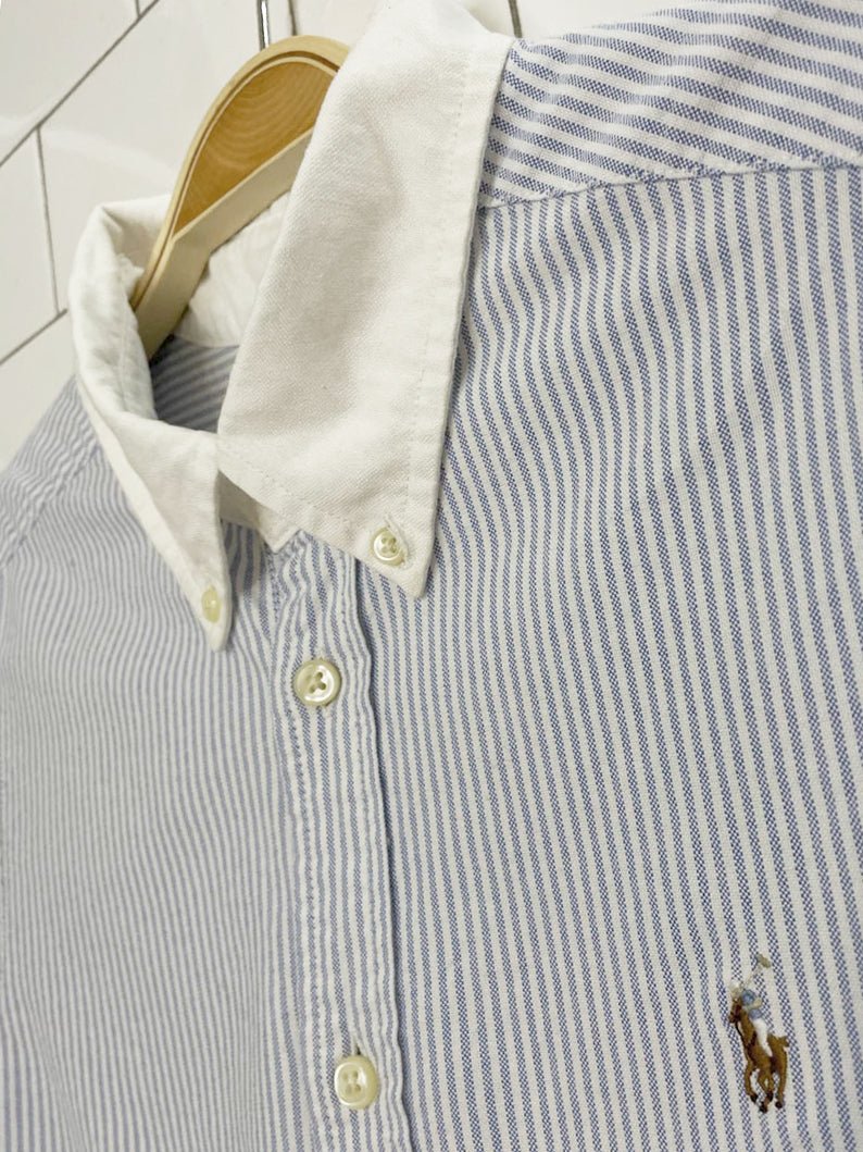 ralph lauren 100% cotton contrast collar blue stripe full button shirt - good market thrift store