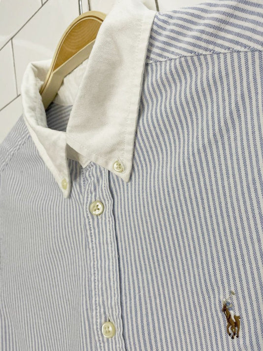 ralph lauren 100% cotton contrast collar blue stripe full button shirt - good market thrift store