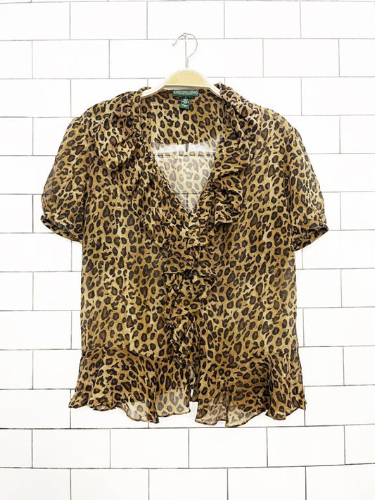 ralph lauren 100% silk animal print ruffle neck blouse | lauren jeans company - good market thrift store