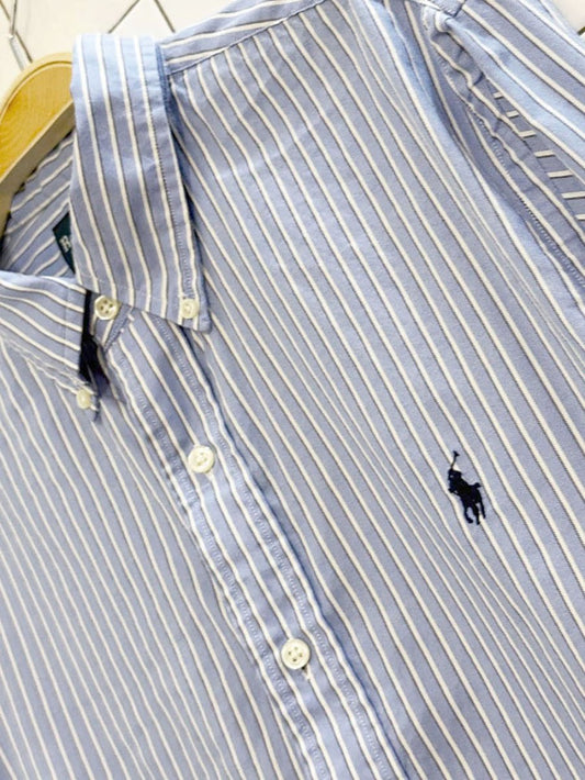 ralph lauren blue stripe full button menswear shirt | classic fit - good market thrift store