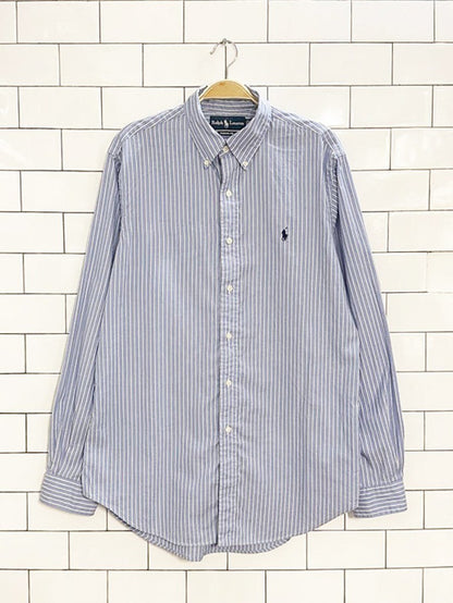 ralph lauren blue stripe full button menswear shirt | classic fit - good market thrift store