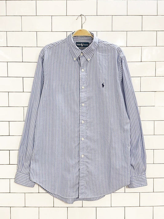 ralph lauren blue stripe full button menswear shirt | classic fit - good market thrift store