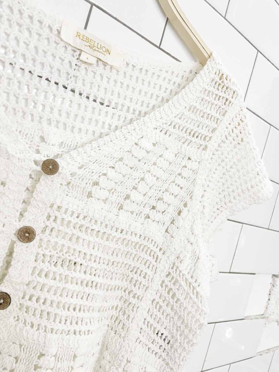rebellion crochet knit crop short sleeve cardigan - good market thrift store
