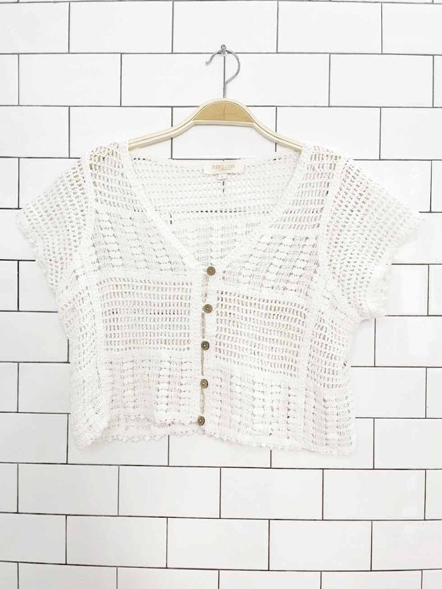 rebellion crochet knit crop short sleeve cardigan - good market thrift store