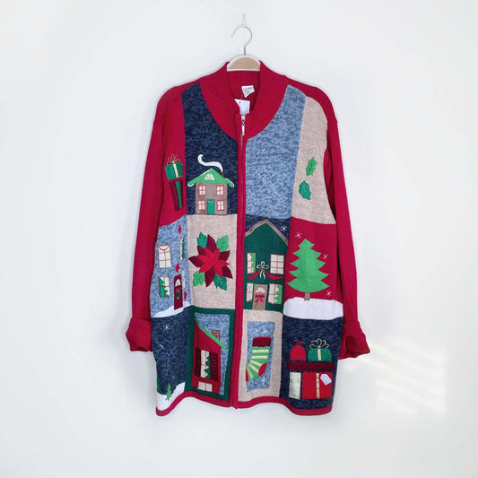 holiday red patchwork knit cardigan - size xl