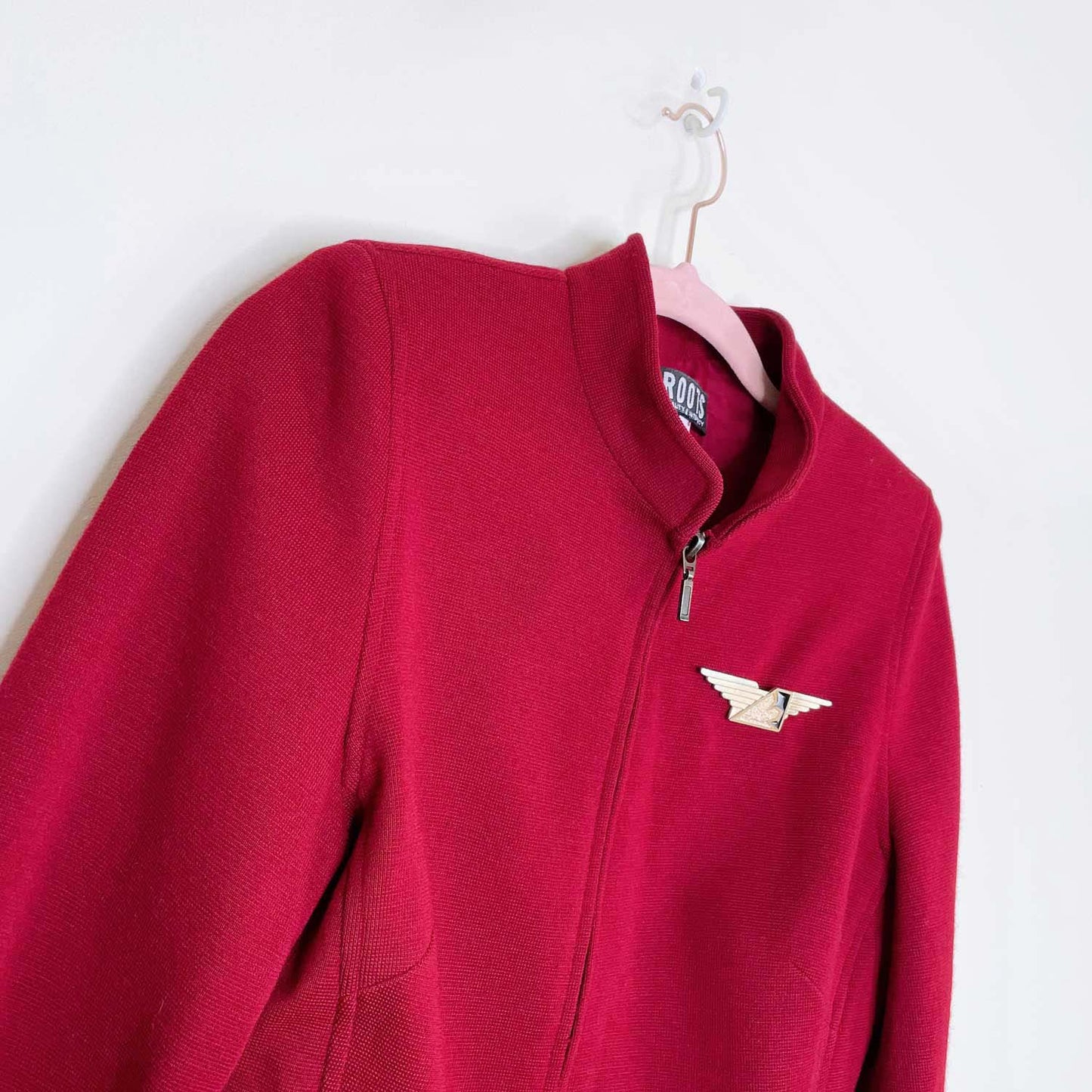 vintage roots wool jacket with leather trim - size 2