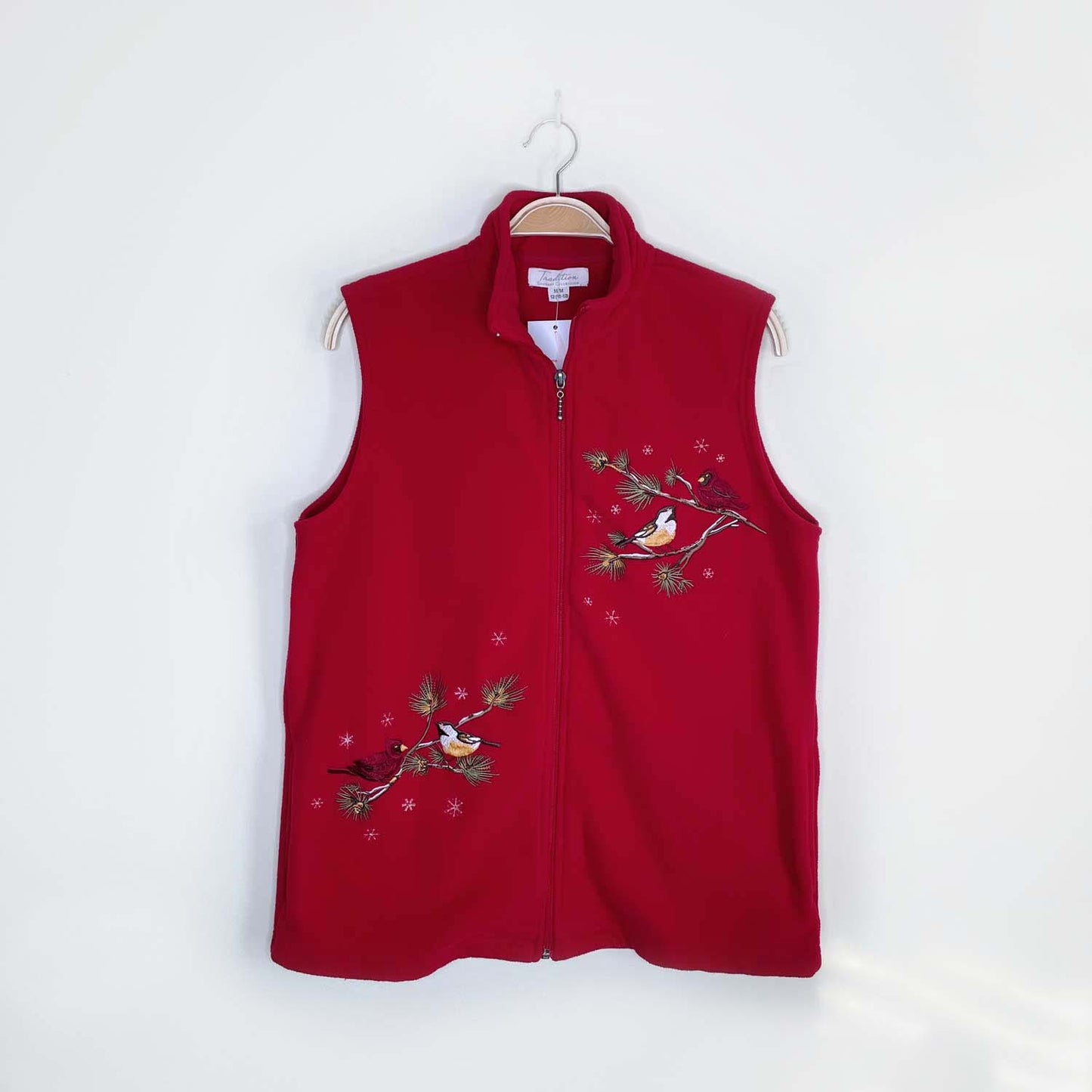 vintage traditions red fleece winter bird vest - size medium