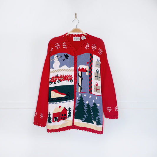 vintage northern traditions holiday patchwork knit cardigan