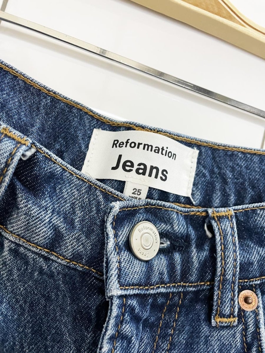 reformation jeans jayde high rise denim midi skirt - good market thrift store