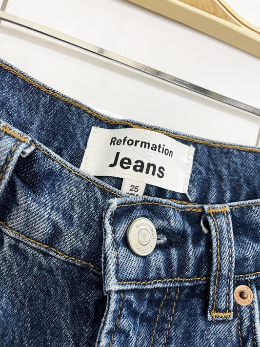 reformation jeans jayde high rise denim midi skirt - good market thrift store
