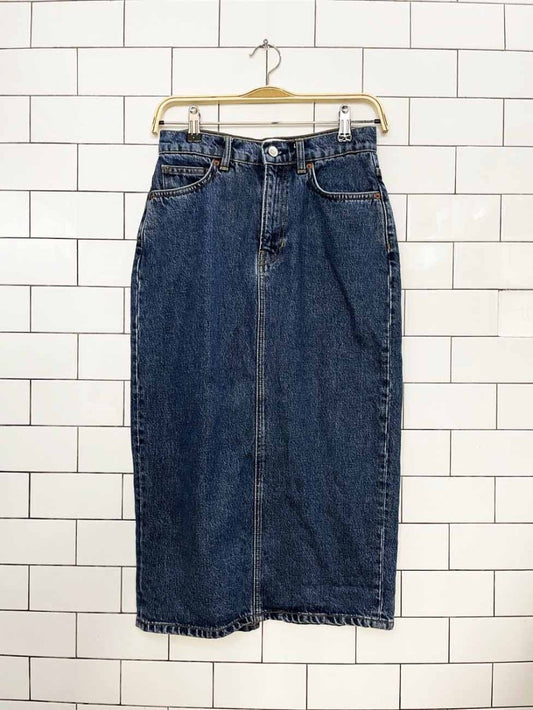 reformation jeans jayde high rise denim midi skirt - good market thrift store
