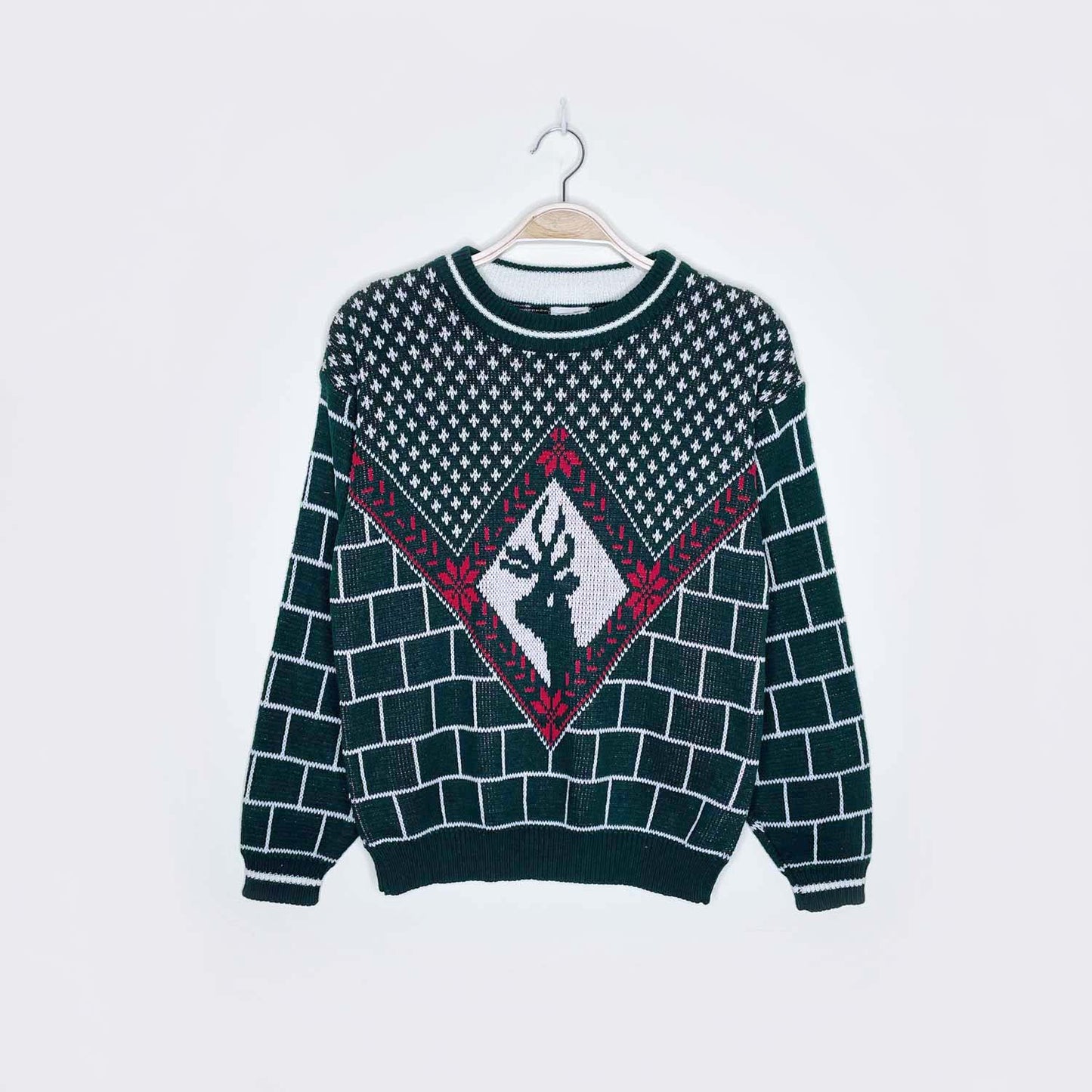 vintage reindeer fireplace knit holiday crew - size medium