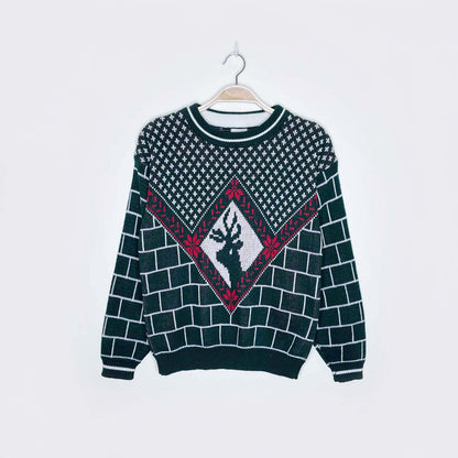 vintage reindeer fireplace knit holiday crew - size medium