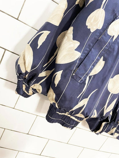 rework x coaco 100% silk floral bomber jacket w flower patch - good market thrift store