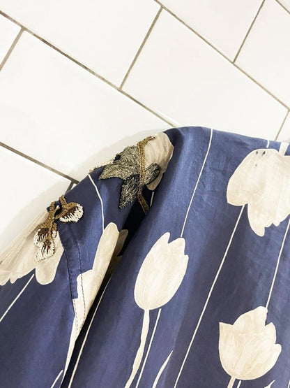 rework x coaco 100% silk floral bomber jacket w flower patch - good market thrift store