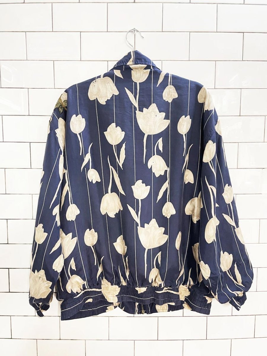 rework x coaco 100% silk floral bomber jacket w flower patch - good market thrift store