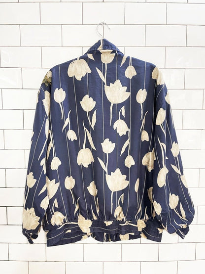 rework x coaco 100% silk floral bomber jacket w flower patch - good market thrift store