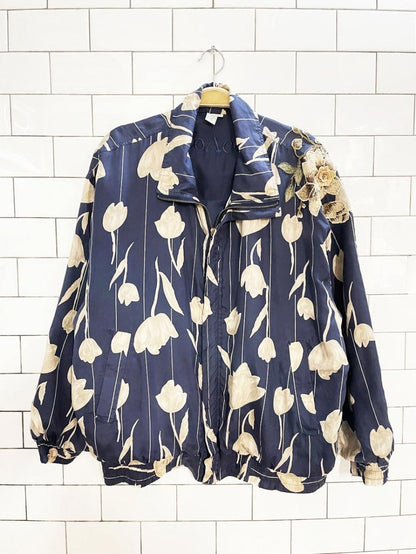 rework x coaco 100% silk floral bomber jacket w flower patch - good market thrift store
