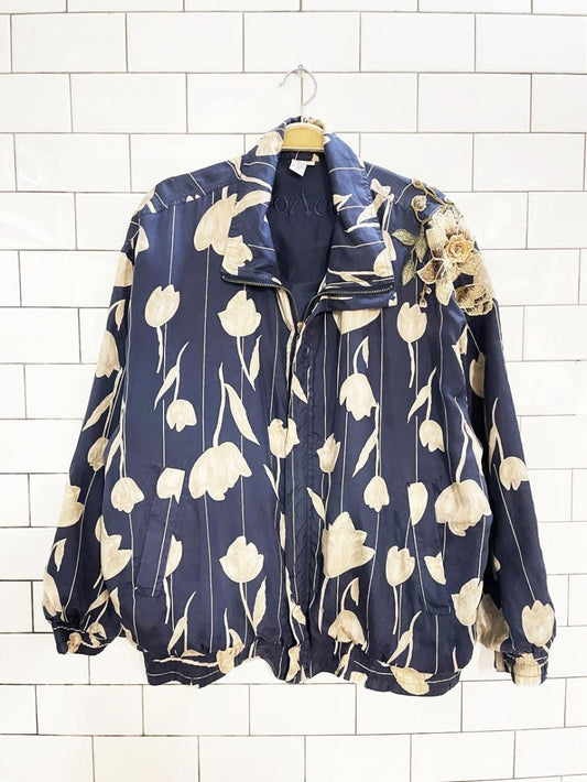 rework x coaco 100% silk floral bomber jacket w flower patch - good market thrift store