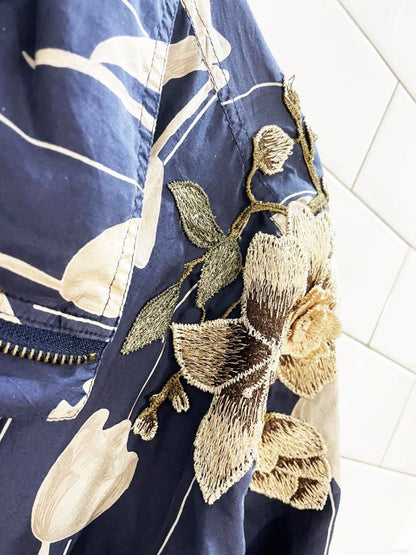 rework x coaco 100% silk floral bomber jacket w flower patch - good market thrift store