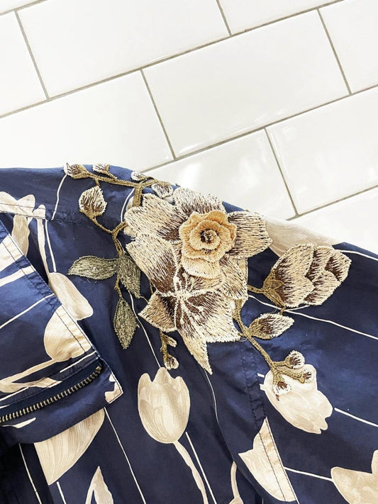 rework x coaco 100% silk floral bomber jacket w flower patch - good market thrift store