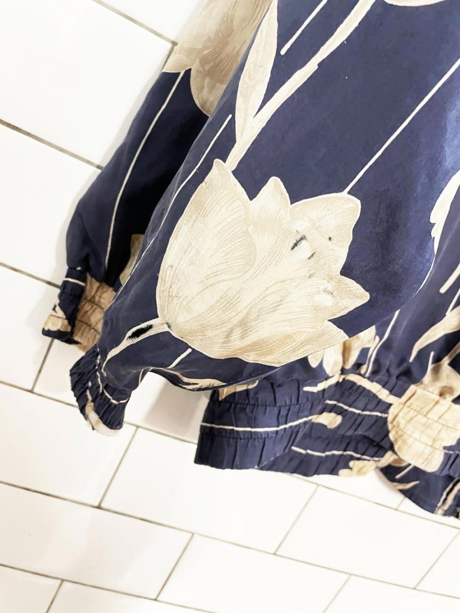 rework x coaco 100% silk floral bomber jacket w flower patch - good market thrift store