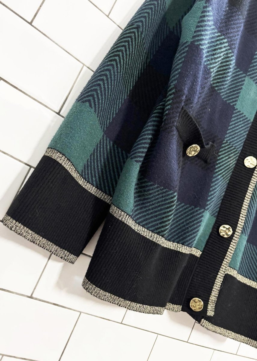 river island gold trim plaid knit cardigan - good market thrift store