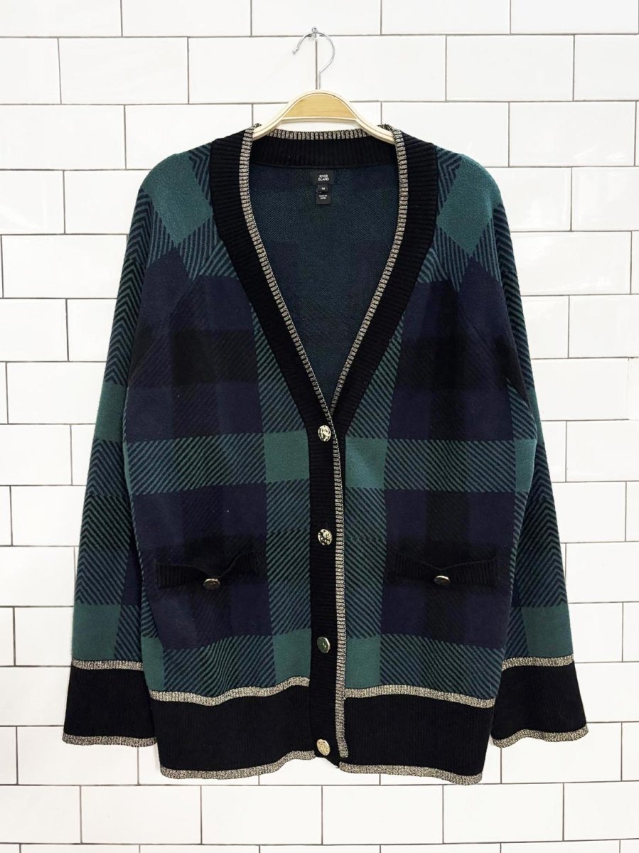 river island gold trim plaid knit cardigan - good market thrift store