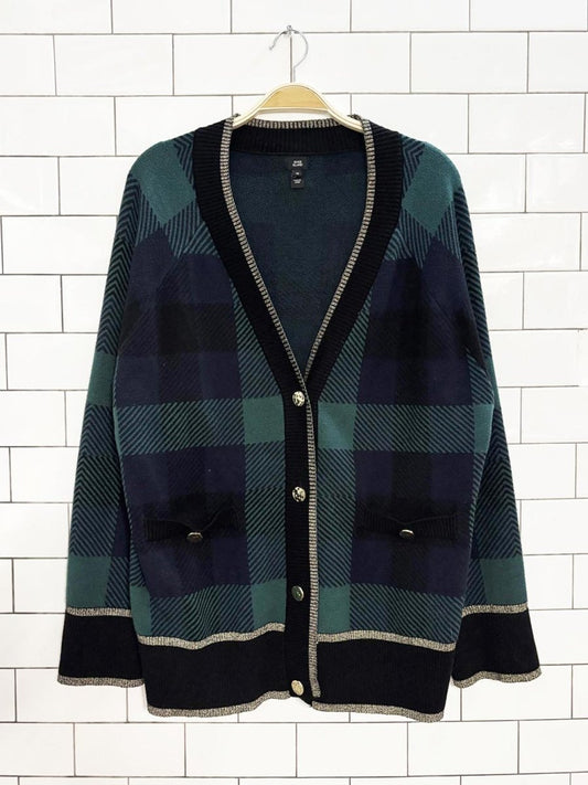 river island gold trim plaid knit cardigan - good market thrift store