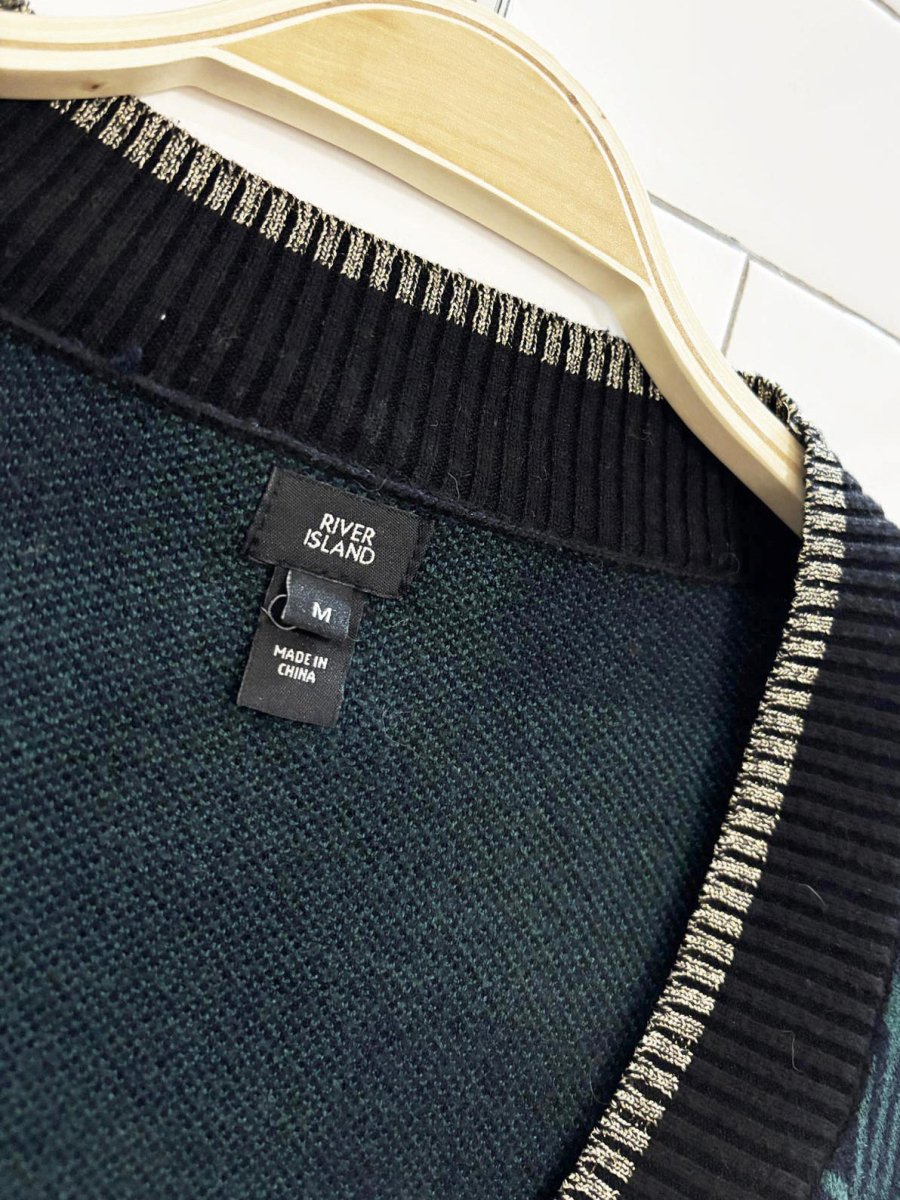 river island gold trim plaid knit cardigan - good market thrift store